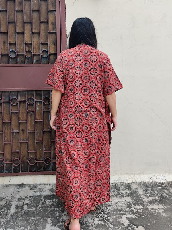Red Ajrakh Cotton Hand Block Printed High Low Long Shirt Kaftan