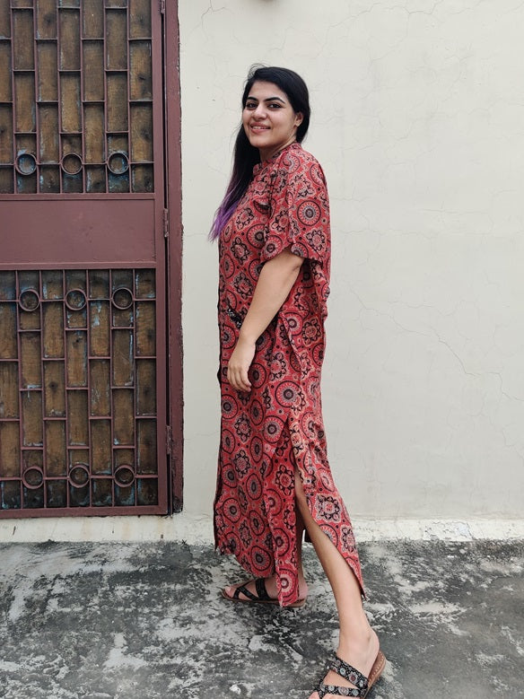 Red Ajrakh Cotton Hand Block Printed High Low Long Shirt Kaftan