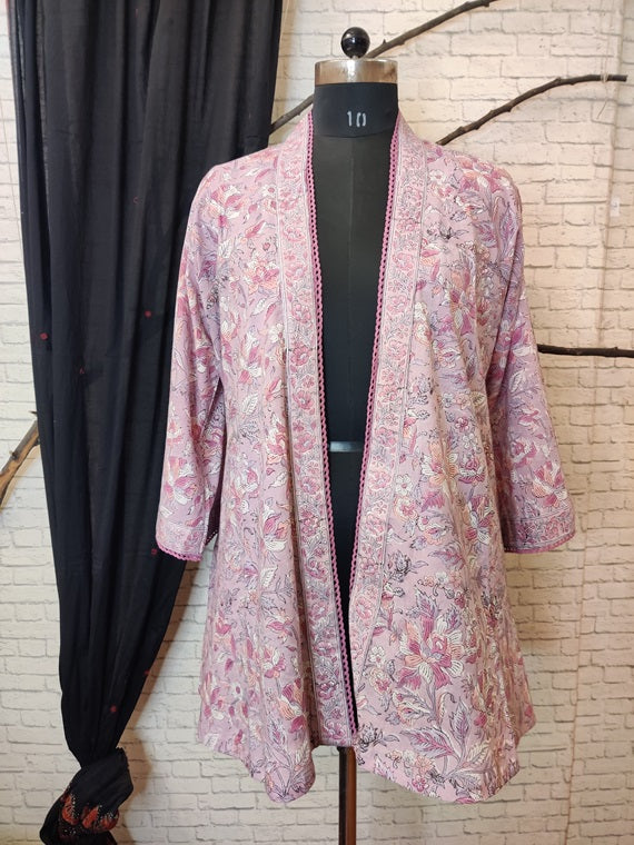 Purple Floral Hand Block Printed Shrug Overlay with Lace Detailing