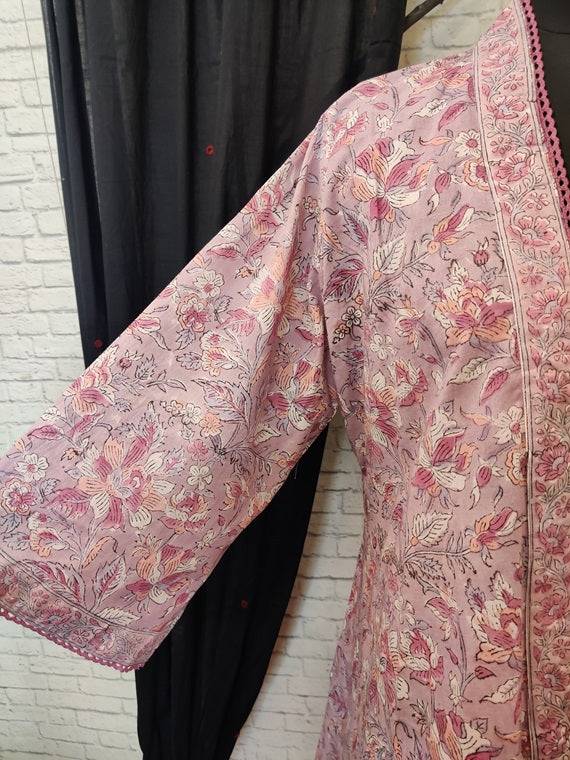 Purple Floral Hand Block Printed Shrug Overlay with Lace Detailing