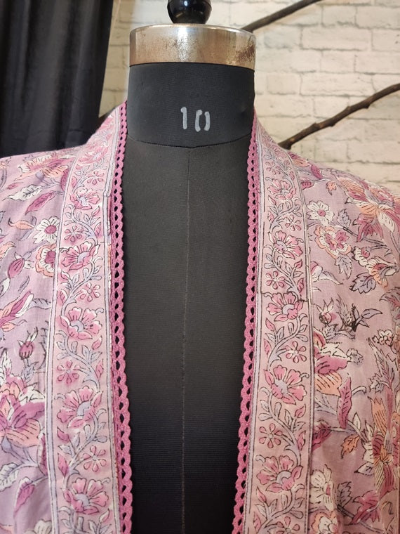 Purple Floral Hand Block Printed Shrug Overlay with Lace Detailing