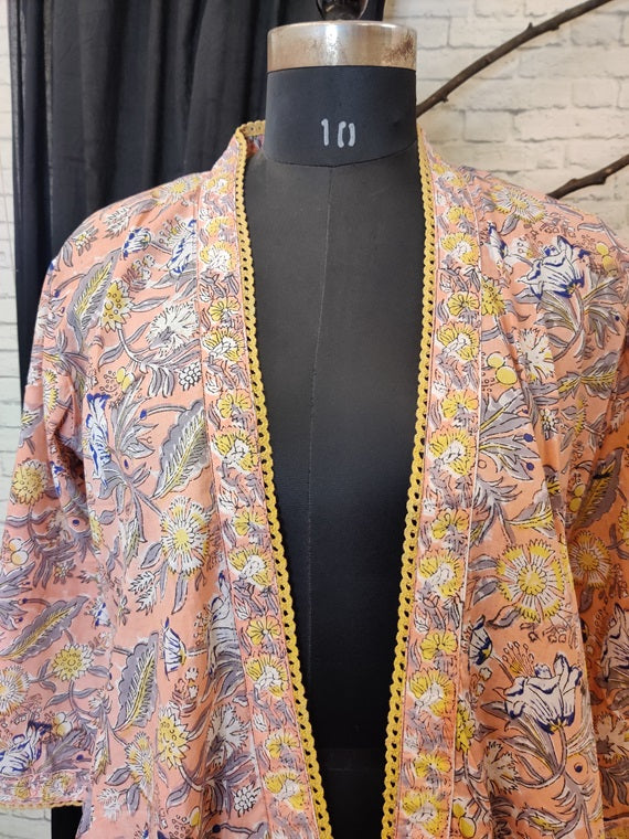 Peach Floral Hand Block Printed Shrug Overlay with Lace Detailing