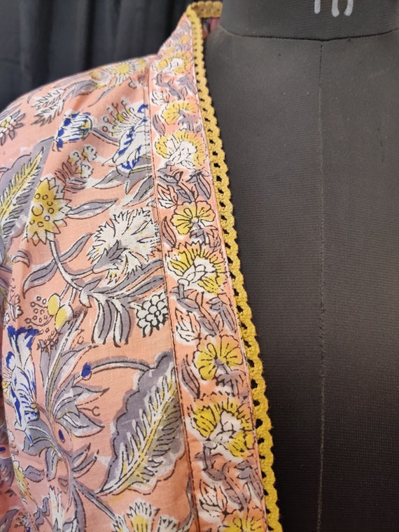 Peach Floral Hand Block Printed Shrug Overlay with Lace Detailing