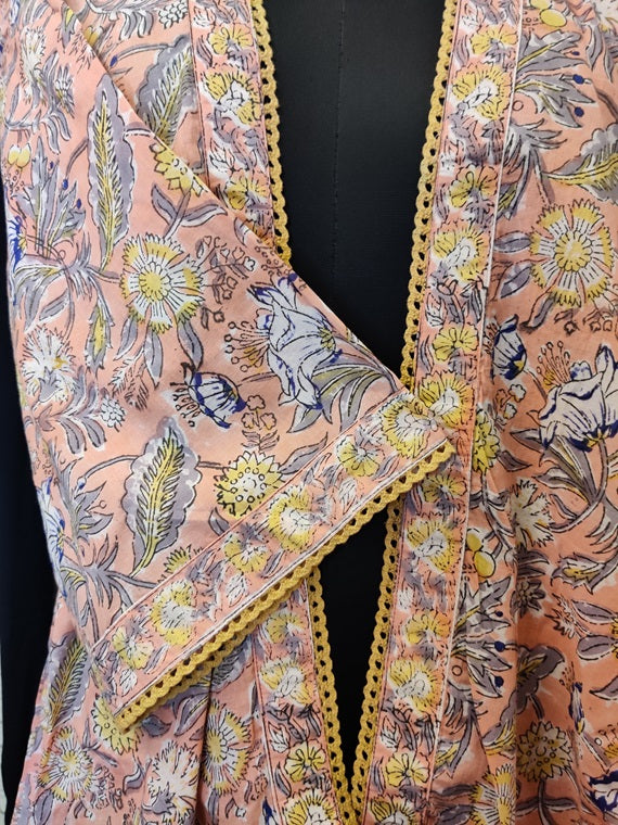 Peach Floral Hand Block Printed Shrug Overlay with Lace Detailing