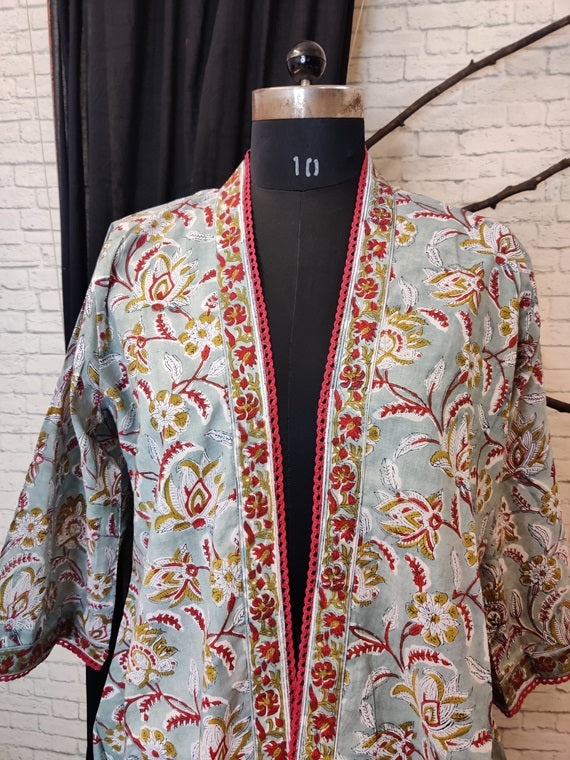 Green Red Floral Hand Block Printed Shrug Overlay with Lace Detailing