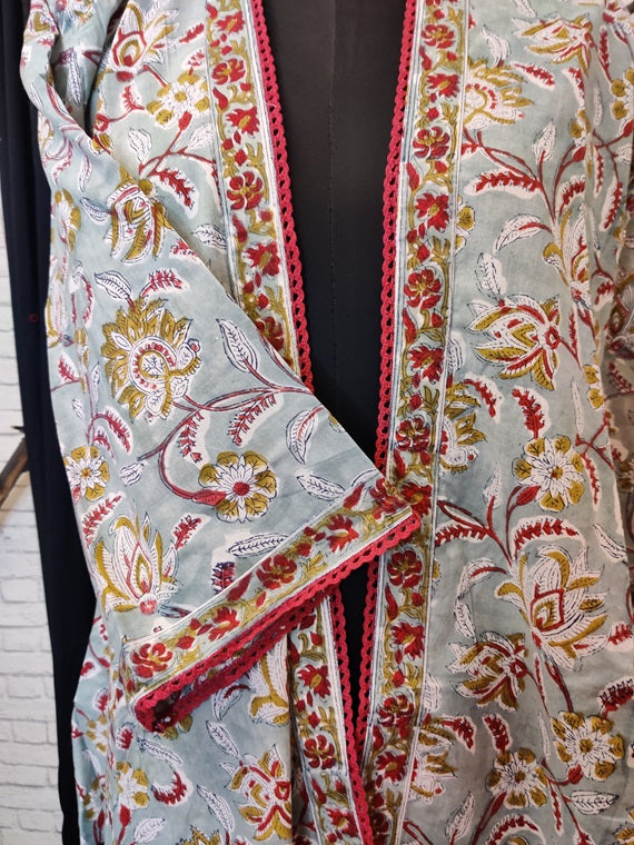 Green Red Floral Hand Block Printed Shrug Overlay with Lace Detailing