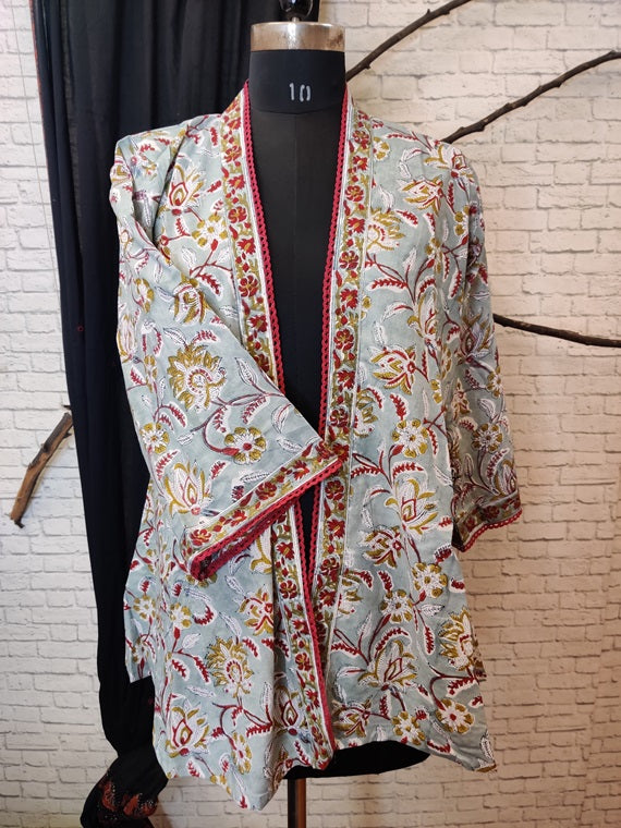 Green Red Floral Hand Block Printed Shrug Overlay with Lace Detailing