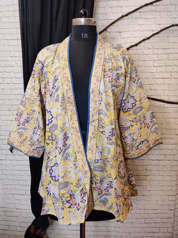 Yellow Blue Floral Hand Block Printed Shrug Overlay with Lace Detailing