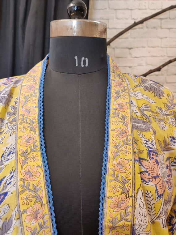 Yellow Blue Floral Hand Block Printed Shrug Overlay with Lace Detailing