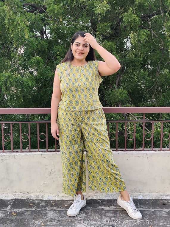 Yellow Hand Block Printed Coordinated Set with Sleeves Top and Plazzo Pants