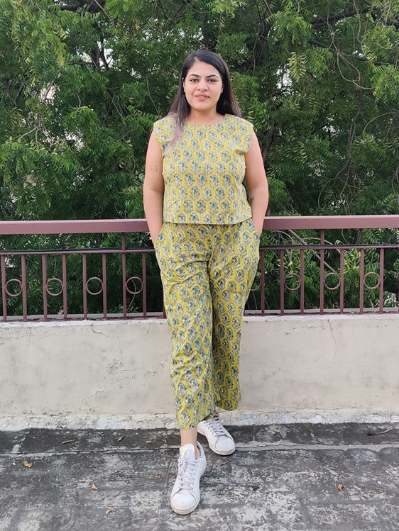 Yellow Hand Block Printed Coordinated Set with Sleeves Top and Plazzo Pants
