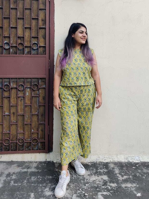 Yellow Hand Block Printed Coordinated Set with Sleeves Top and Plazzo Pants