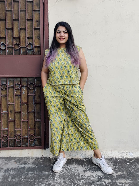 Yellow Hand Block Printed Coordinated Set with Sleeves Top and Plazzo Pants
