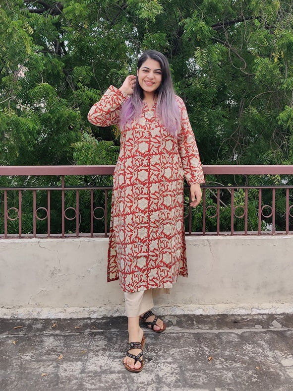 Red Bagru Hand Block Printed Cotton Long Kurta