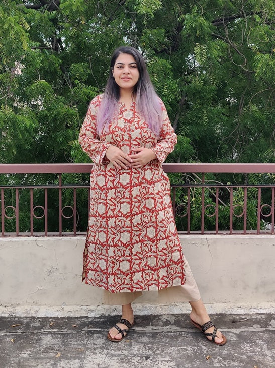 Red Bagru Hand Block Printed Cotton Long Kurta