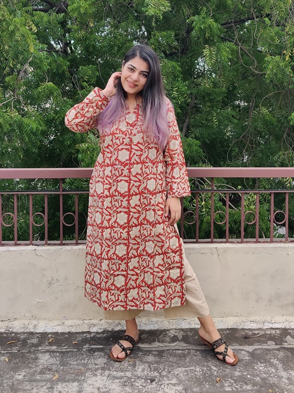 Red Bagru Hand Block Printed Cotton Long Kurta