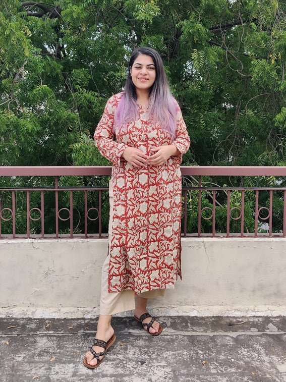 Red Bagru Hand Block Printed Cotton Long Kurta