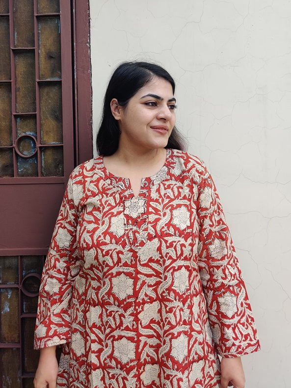 Red Bagru Hand Block Printed Cotton Long Kurta