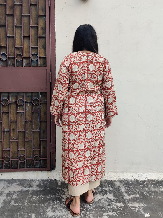 Red Bagru Hand Block Printed Cotton Long Kurta