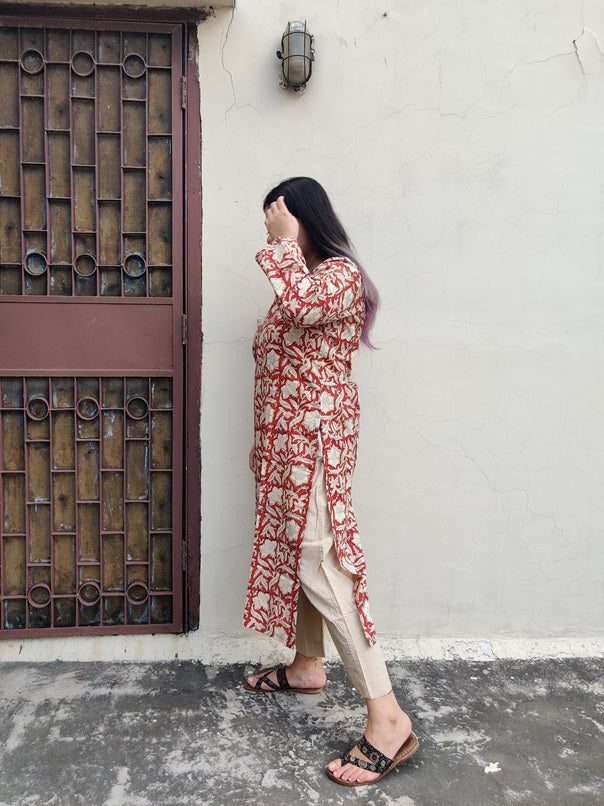 Red Bagru Hand Block Printed Cotton Long Kurta