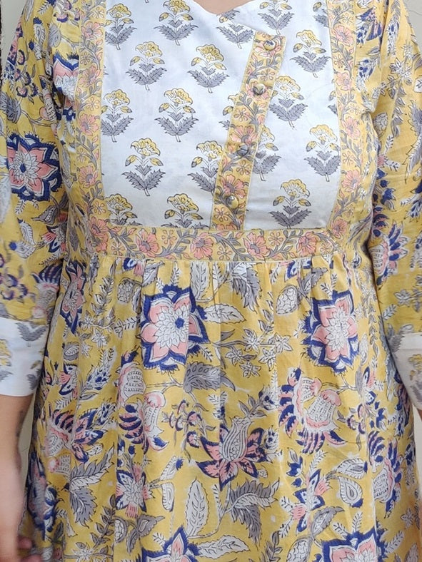 Rosa Hand Block Printed Patch Flared Maxi Dress