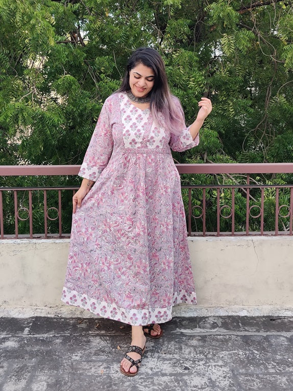 Moonflower Hand Block Printed Patch Flared Maxi Dress