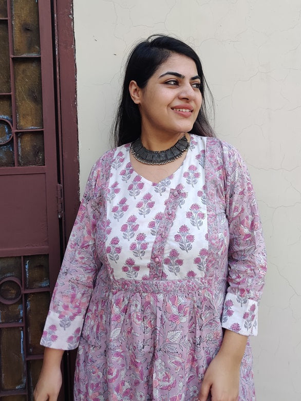 Moonflower Hand Block Printed Patch Flared Maxi Dress