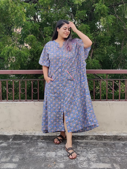 Blue Pink Hand Block Printed High Low Long Shirt Kaftan