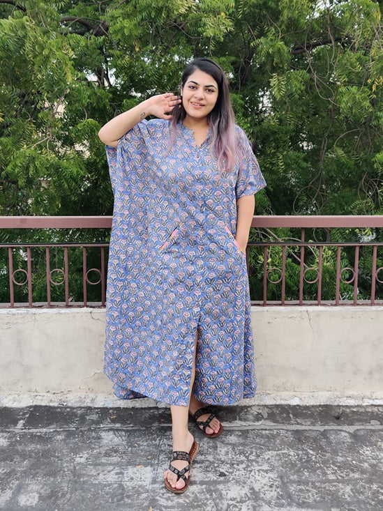 Blue Pink Hand Block Printed High Low Long Shirt Kaftan