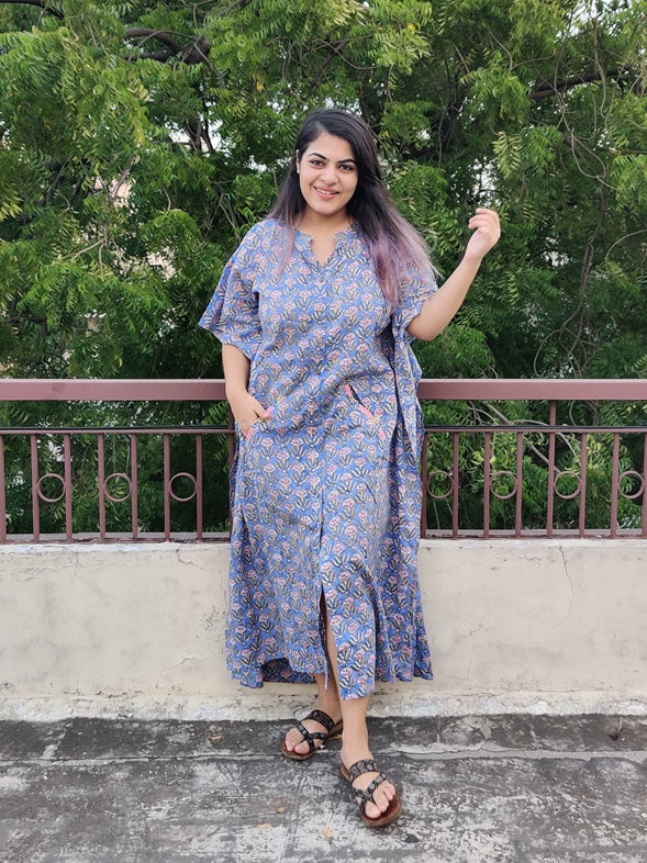 Blue Pink Hand Block Printed High Low Long Shirt Kaftan