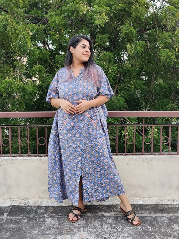 Blue Pink Hand Block Printed High Low Long Shirt Kaftan