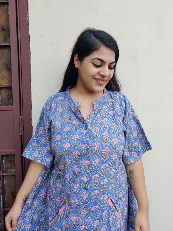 Blue Pink Hand Block Printed High Low Long Shirt Kaftan