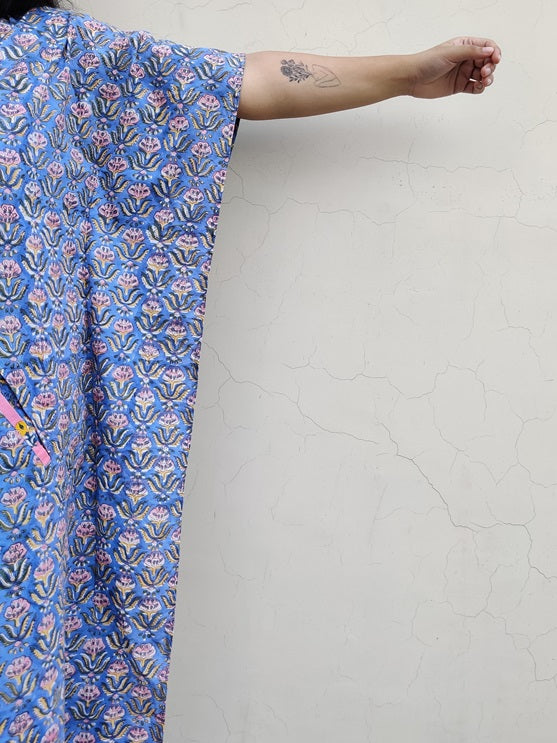 Blue Pink Hand Block Printed High Low Long Shirt Kaftan