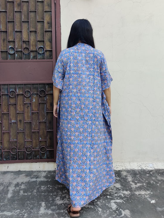 Blue Pink Hand Block Printed High Low Long Shirt Kaftan