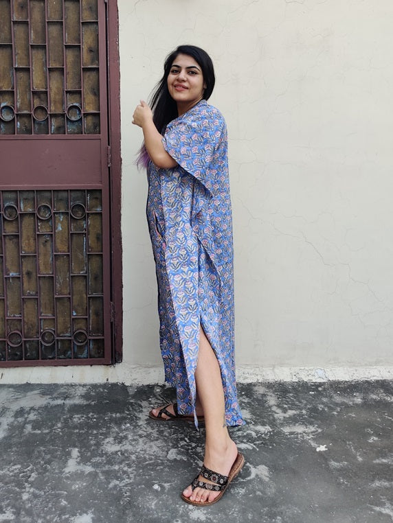 Blue Pink Hand Block Printed High Low Long Shirt Kaftan