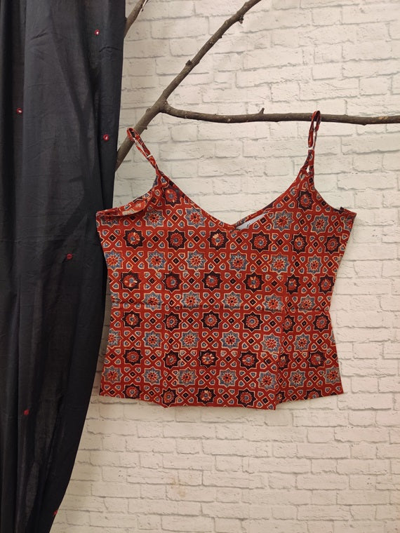 Red Ajrakh Hand Block printed Spaghetti Strap Top