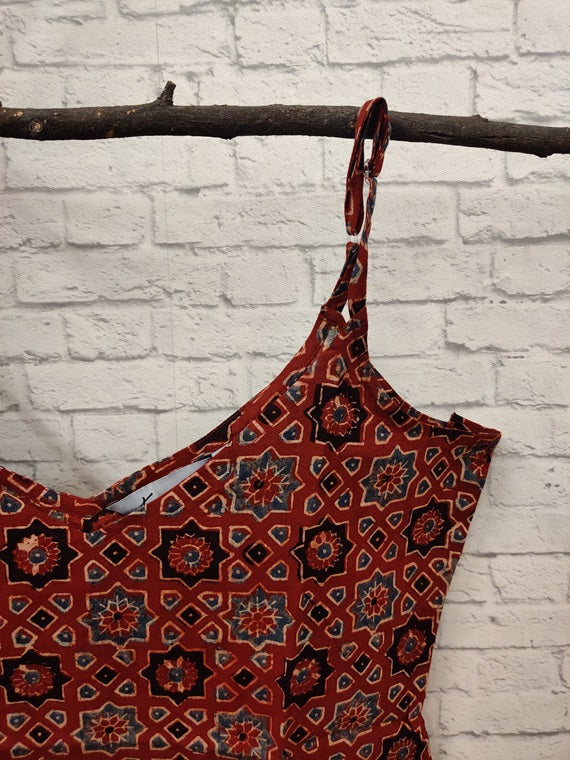 Red Ajrakh Hand Block printed Spaghetti Strap Top