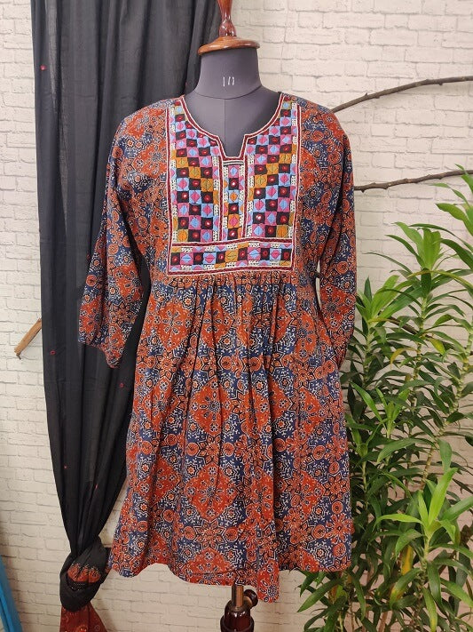Indigo Red Ajrakh Hand Embroidered Patch Comfort Fit Dress