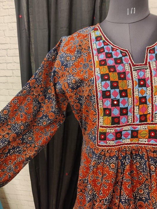 Indigo Red Ajrakh Hand Embroidered Patch Comfort Fit Dress