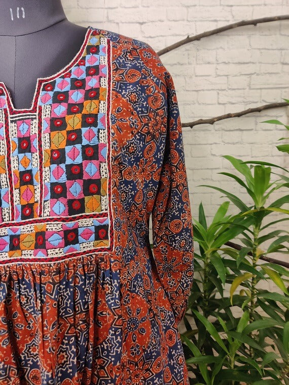 Indigo Red Ajrakh Hand Embroidered Patch Comfort Fit Dress