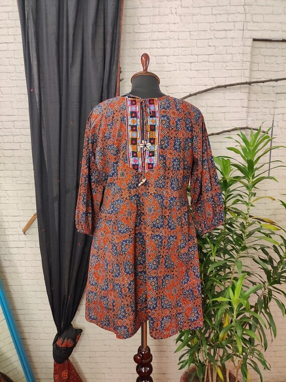 Indigo Red Ajrakh Hand Embroidered Patch Comfort Fit Dress