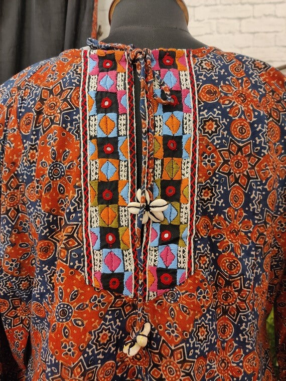 Indigo Red Ajrakh Hand Embroidered Patch Comfort Fit Dress