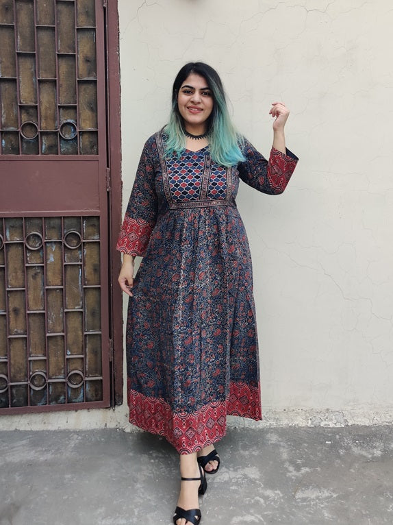 Aarna Ajrakh Hand Block Printed Patch Flared Maxi Dress