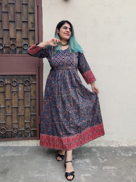 Aarna Ajrakh Hand Block Printed Patch Flared Maxi Dress