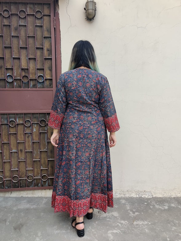 Aarna Ajrakh Hand Block Printed Patch Flared Maxi Dress