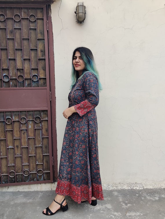 Aarna Ajrakh Hand Block Printed Patch Flared Maxi Dress
