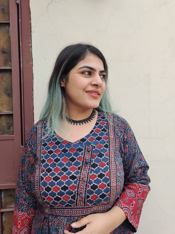 Aarna Ajrakh Hand Block Printed Patch Flared Maxi Dress