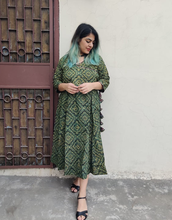 Ranya Ajrakh Hand Black printed Angrakha Dress with Tassels