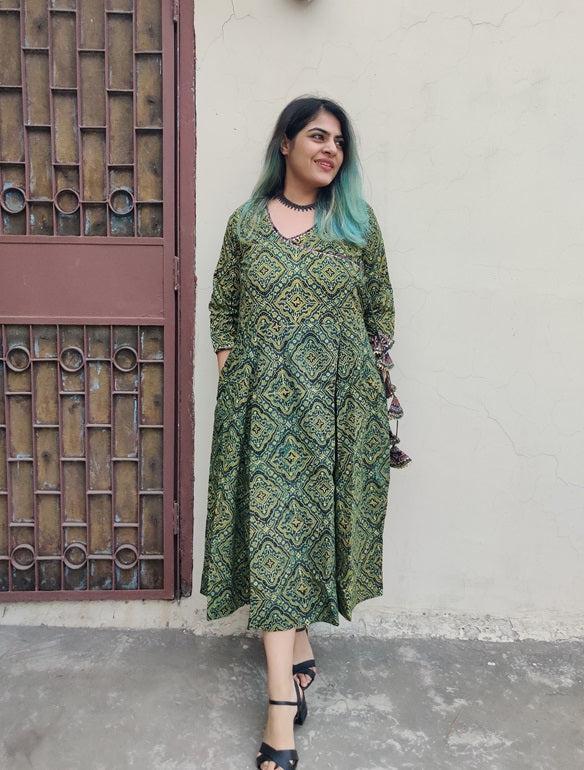 Ranya Ajrakh Hand Black printed Angrakha Dress with Tassels