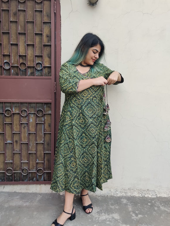 Ranya Ajrakh Hand Black printed Angrakha Dress with Tassels